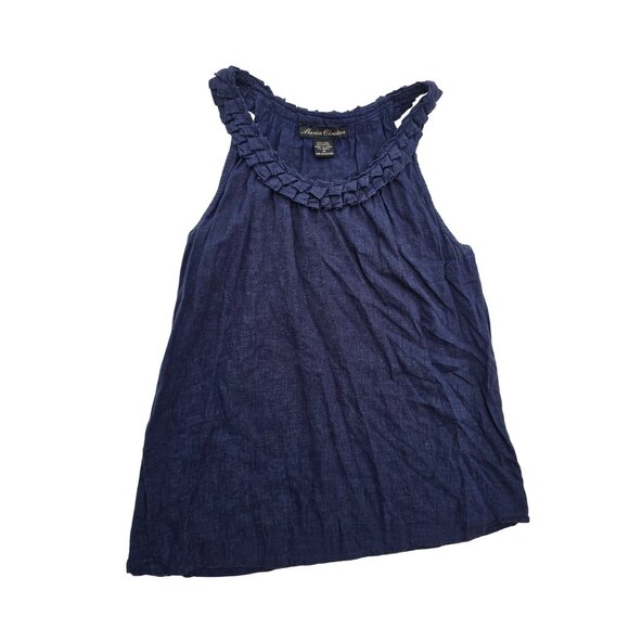 Marisa Christina Ruffled Neckline Sleeveless Navy Blue Linen Tank Top Size M - Picture 1 of 5